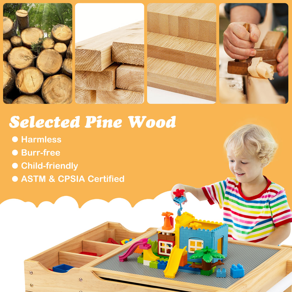 Kids multi-activity play table made of solid New Zealand pine with storage, perfect for building blocks and drawing.