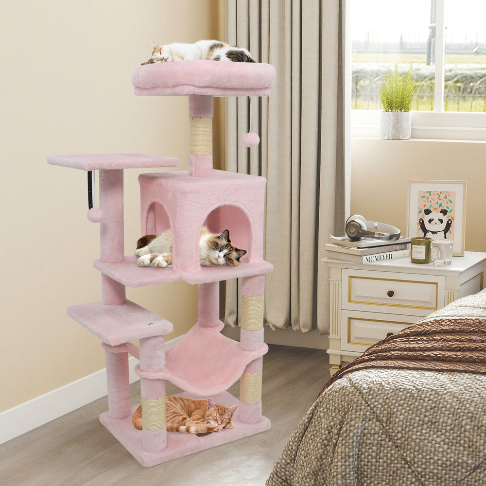 Multi-Level Cat Tower with 2-Door Condo and Padded Top Perch-Pink - Gallery View 1 of 11