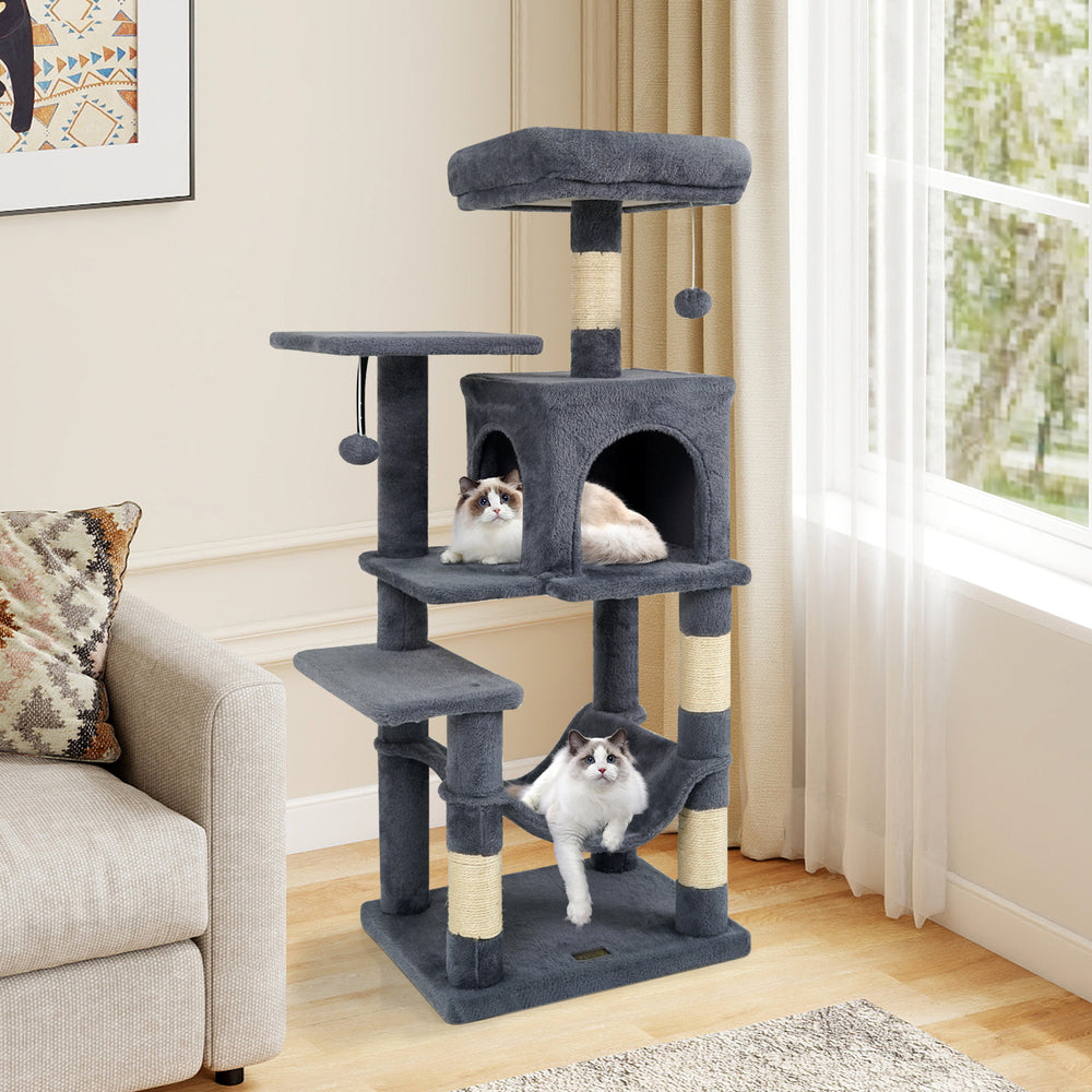 Gray multi-level cat tower showcasing a fluffy hammock, 2-door condo, and sisal scratching posts for interactive.