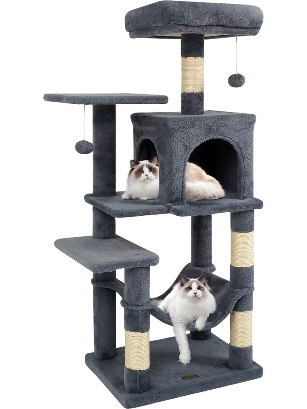 Multi-level cat tower in gray featuring a 2-door condo, padded top perch, and sisal scratching posts for playful.