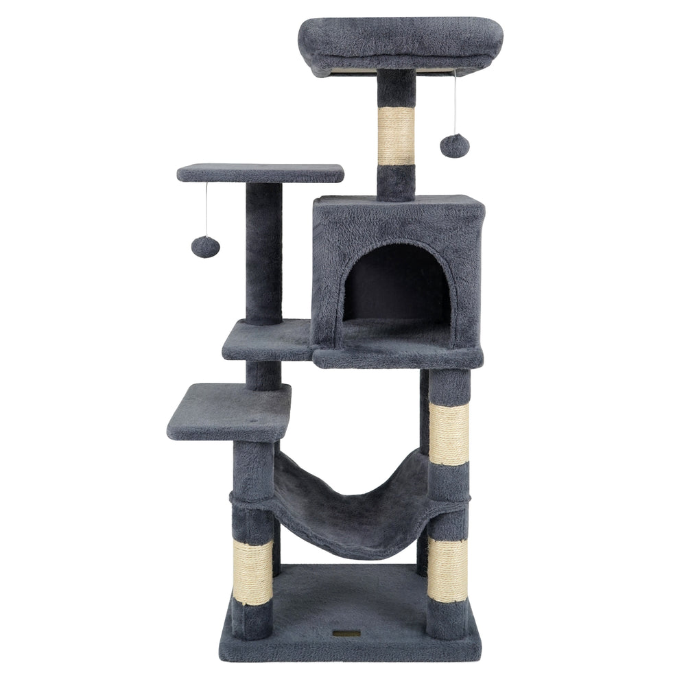 Gray multi-level cat tower with a fluffy hammock, featuring climbing platforms and two hanging balls for interactive.