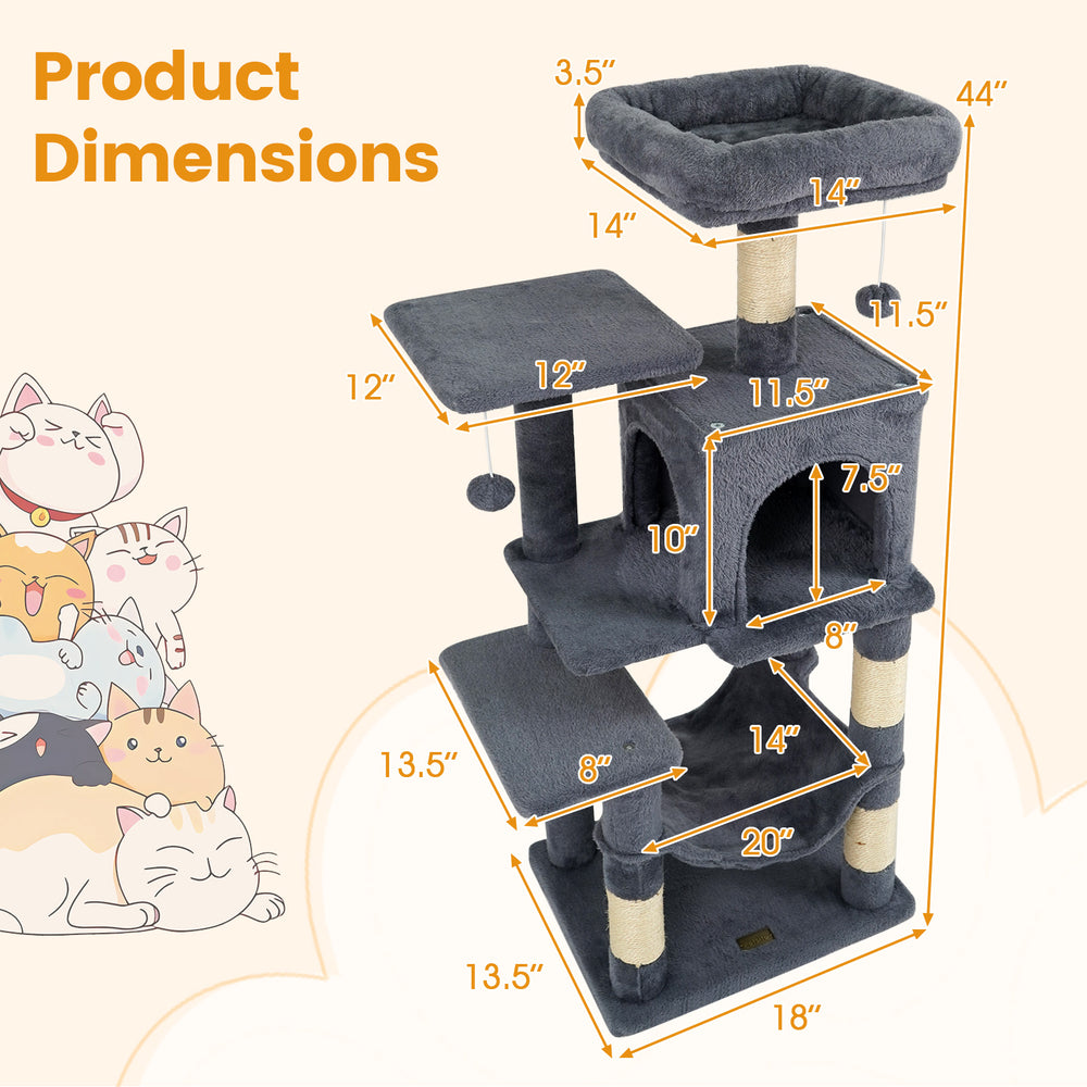 Multi-level cat tower in gray with 2-door condo, padded top perch, and sisal scratching posts for playful exploration.
