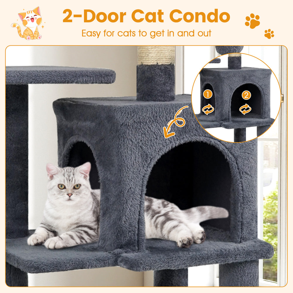 Multi-level cat tower with gray 2-door condo, padded top perch, and sisal scratching posts for playful relaxation.