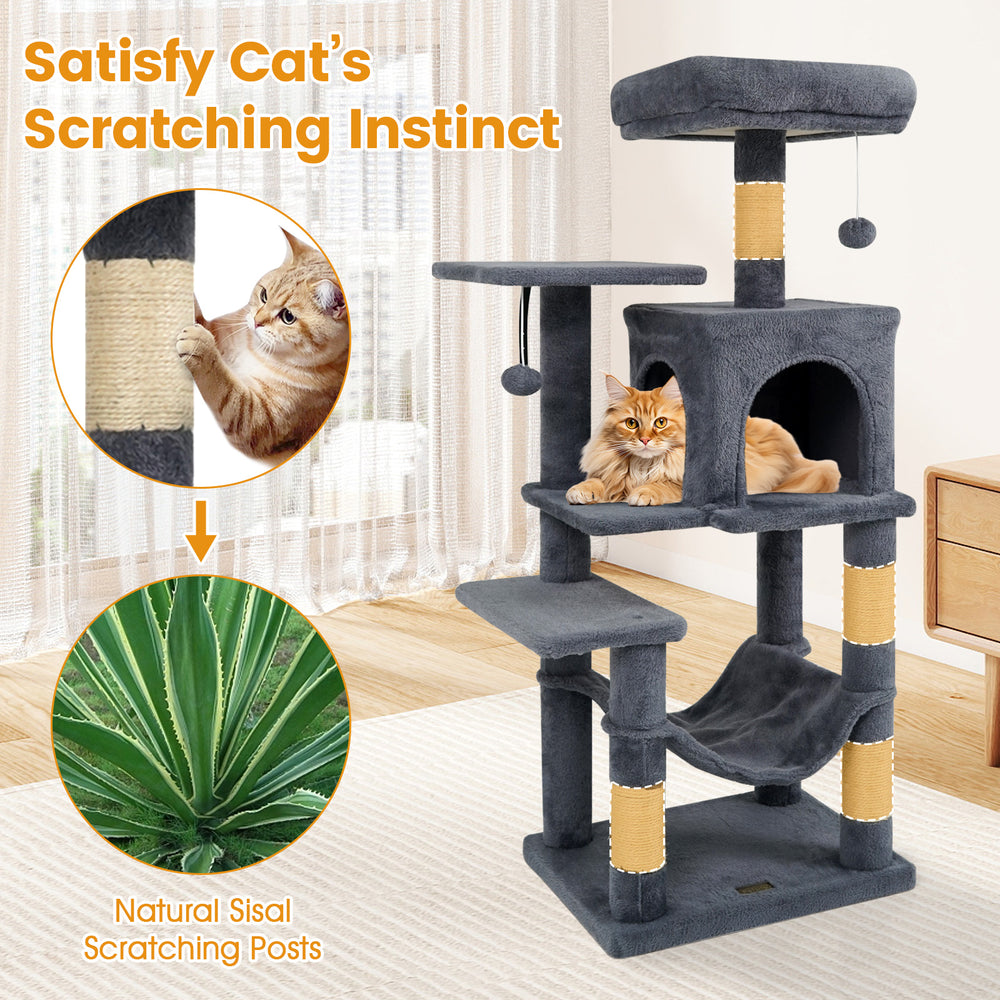 Multi-level gray cat tower featuring a cozy condo, padded top perch, and sisal scratching posts for healthy claws.