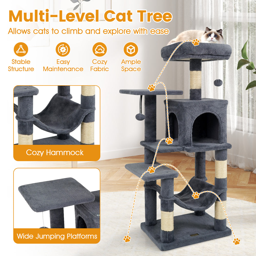 Multi-level cat tree in gray with spacious top perch, cozy hammock, and sisal scratching posts for playful exploration.