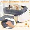 Cozy top perch with soft polyfill cushion on a gray multi-level cat tower for naps and panoramic views.