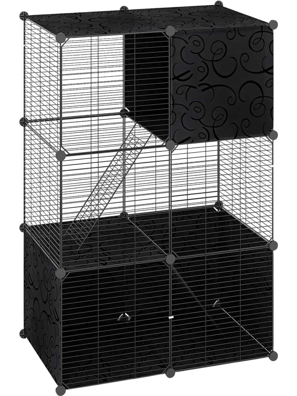 Multi-level cat tower in black featuring a 2-door condo, hammock, and climbing platforms for exploration and relaxation.