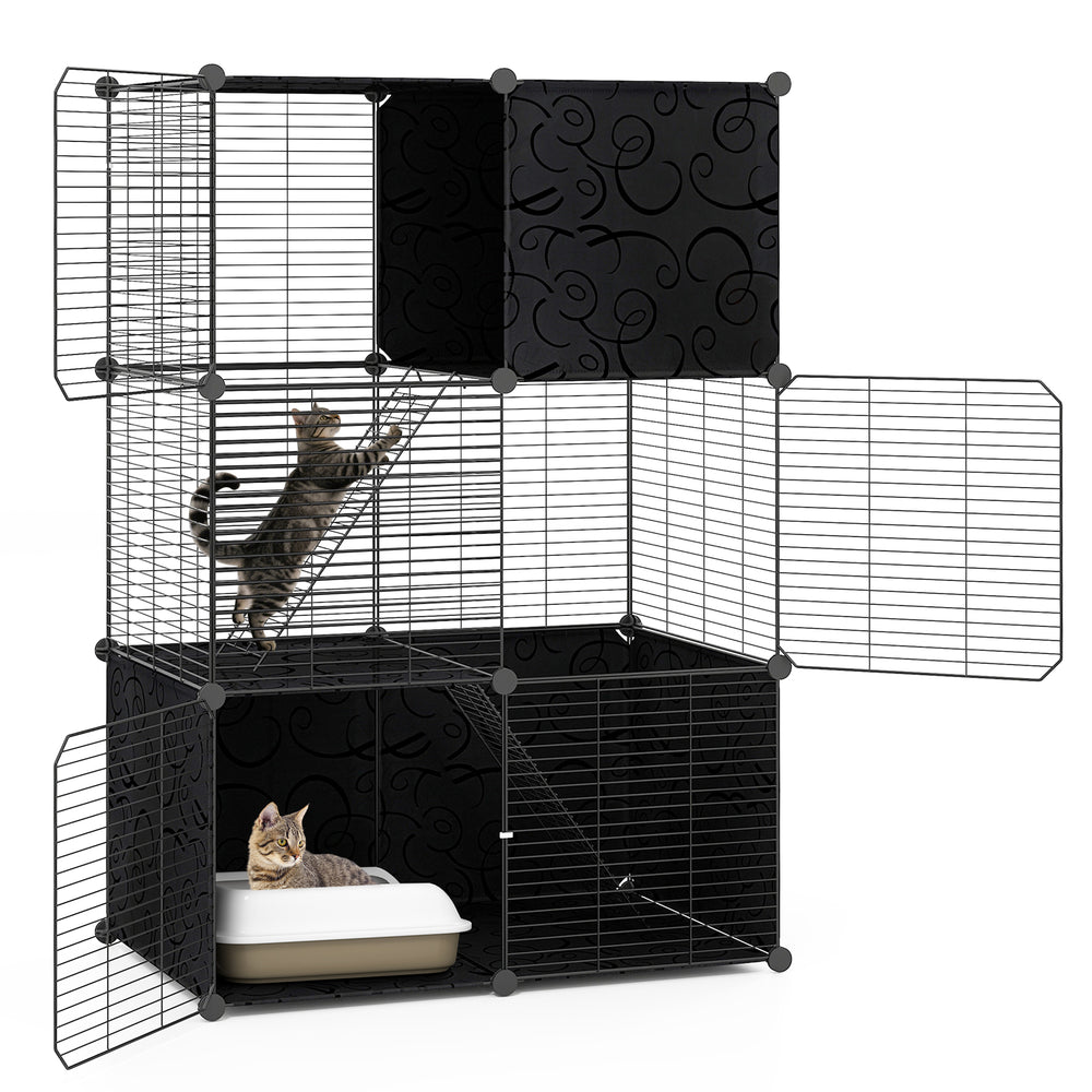 Multi-level cat tower in black with a cozy hammock and spacious top perch for lounging and enjoying the view.