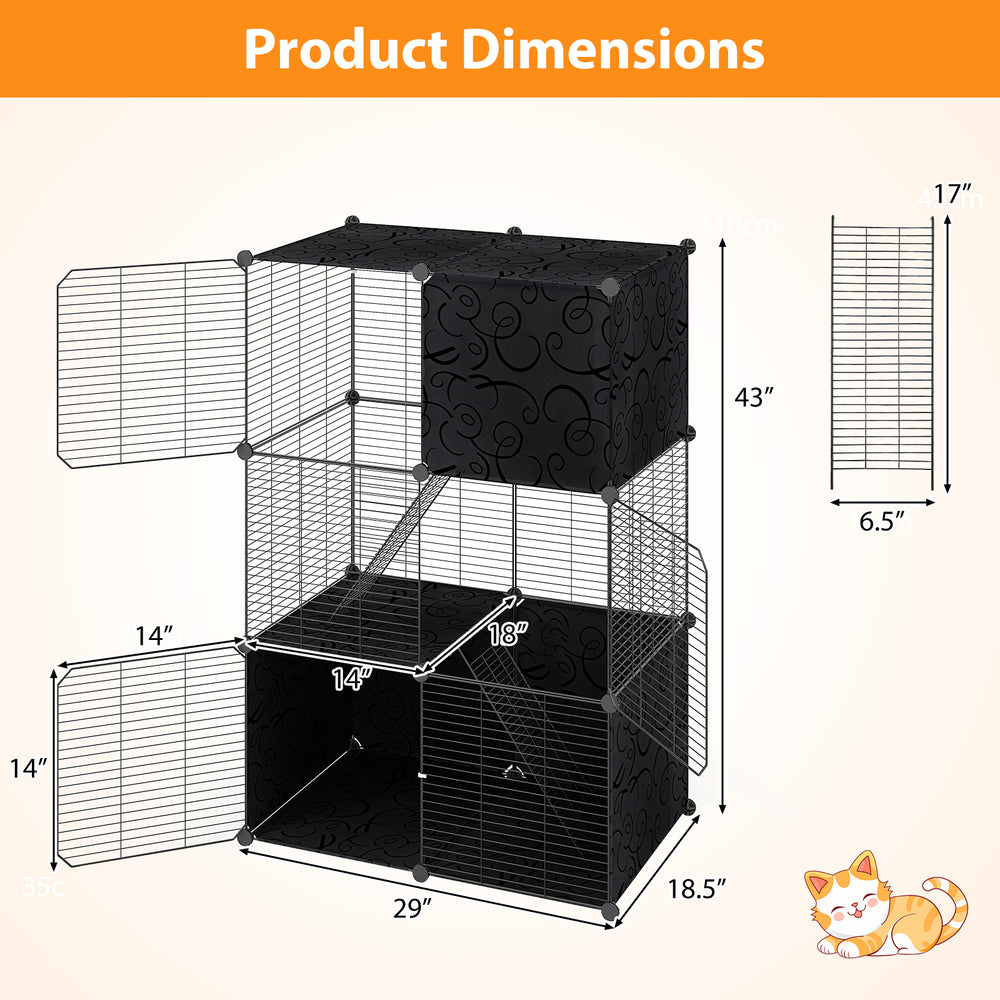 Multi-level cat tower dimensions with 2-door condo, hammock, and climbing platforms for space-saving pet enjoyment.