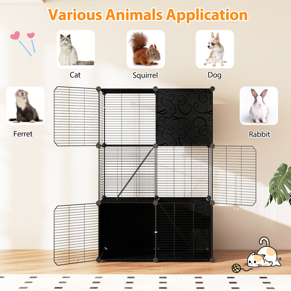 Multi-level cat tower in black with 2-door condo, hammock, and sisal scratching posts for playful relaxation.