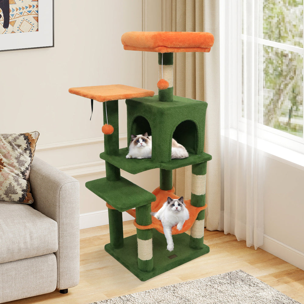 Multi-Level Cat Tower with 2-Door Condo and Padded Top Perch-Green - Gallery View 1 of 11