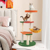 Multi-level cat tree with fruit-shaped platforms in red and orange, showcasing a cozy side basket for kittens to relax.