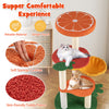 Multi-level cat tree with fruit-shaped platforms in red and orange, featuring soft sponge cushions for ultimate comfort.