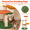 Multi-level cat tree with fruit-shaped platforms in red and orange, featuring sisal scratching posts for active play.