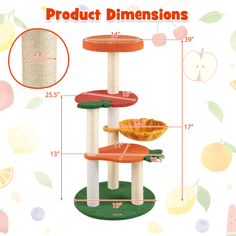 Multi-level cat tree with fruit-shaped platforms in red and orange, featuring sisal scratching posts and a stable base.