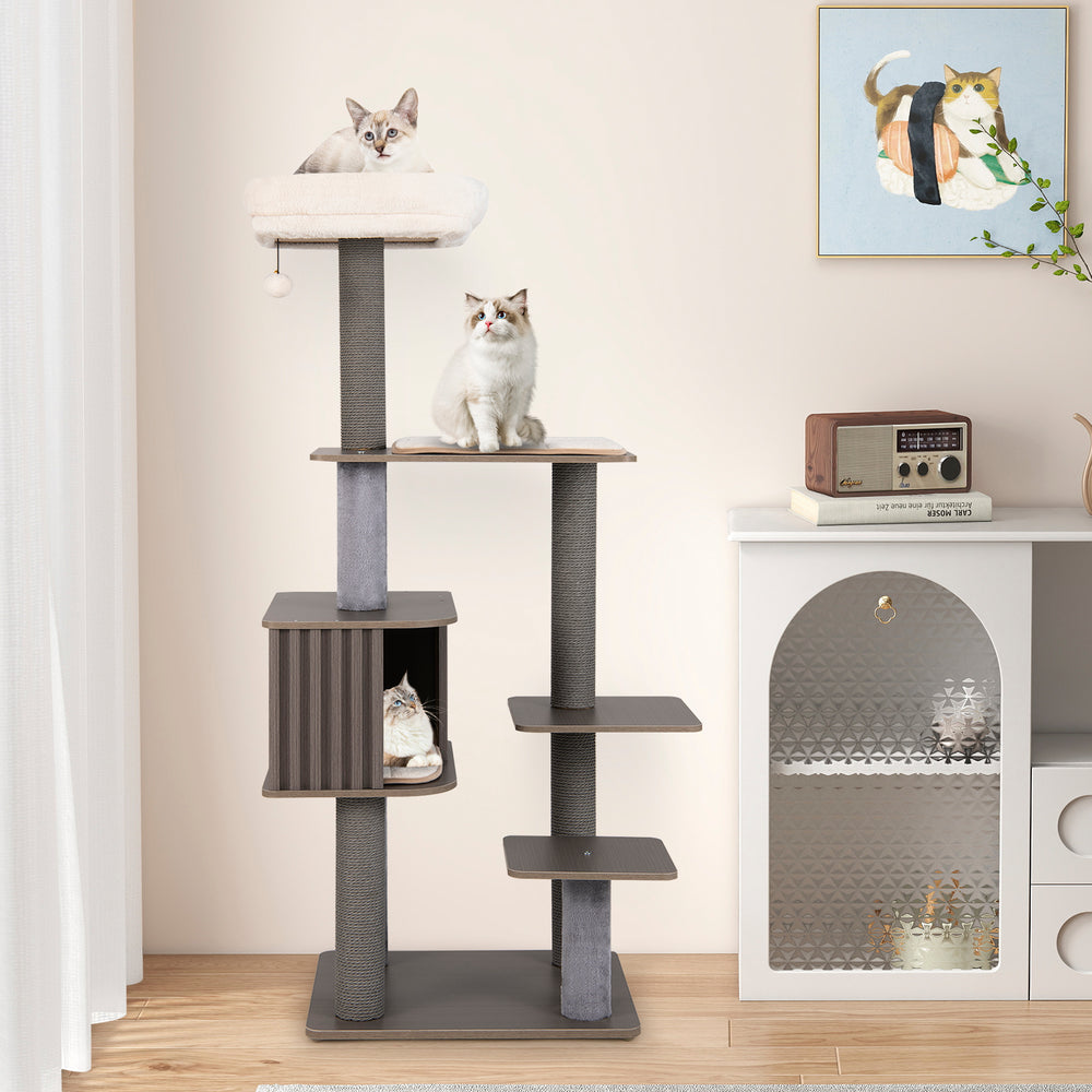 Multi-level Cat Tree for Indoor Cat 59.5 inch Tall Cat Tower with Cushion Top Perch-Gray - Gallery View 1 of 10