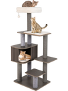 Multi-level gray cat tree with cozy perches, scratching posts, and interactive pompom for indoor cats.