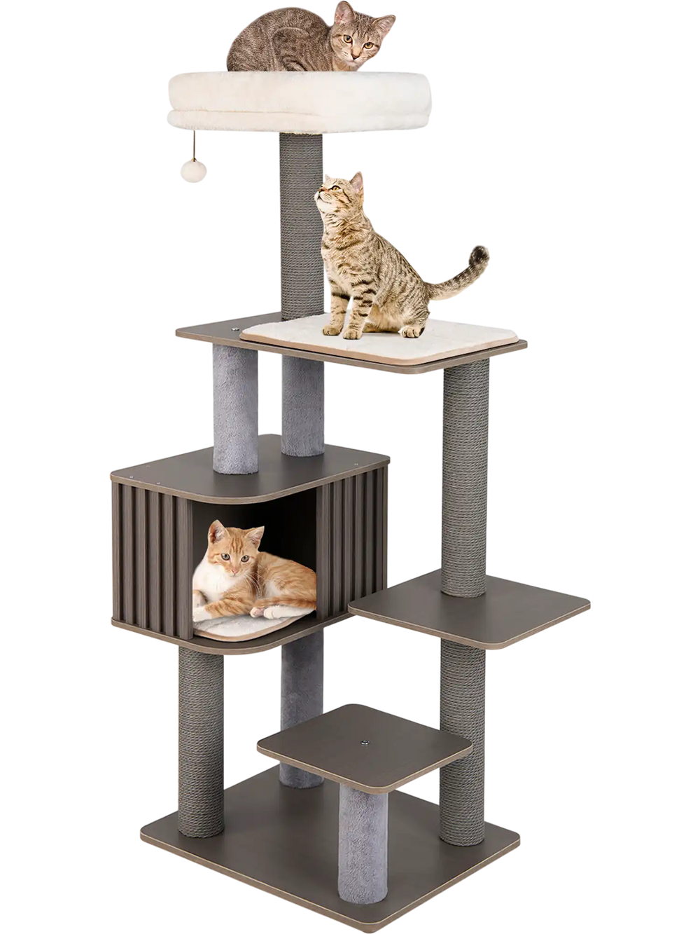 Multi-level gray cat tree with cozy perches, scratching posts, and interactive pompom for indoor cats.