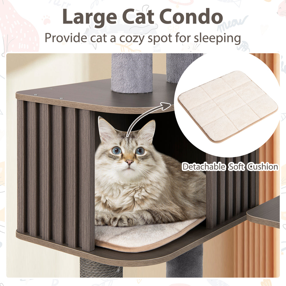 Cozy cat condo with detachable soft cushion, spacious design, and sturdy scratching posts for indoor cats.