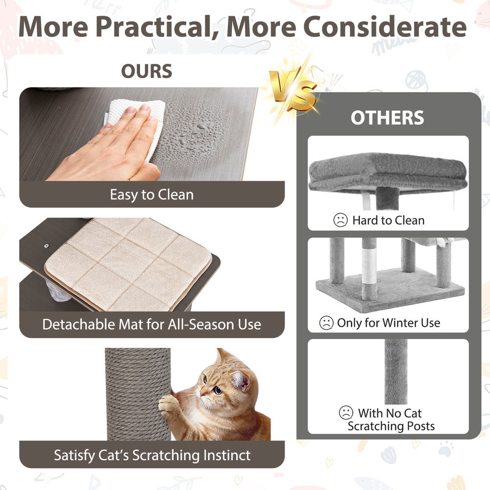 Multi-level cat tree with detachable cushions, spacious perch, and sturdy scratching posts for indoor cat comfort.