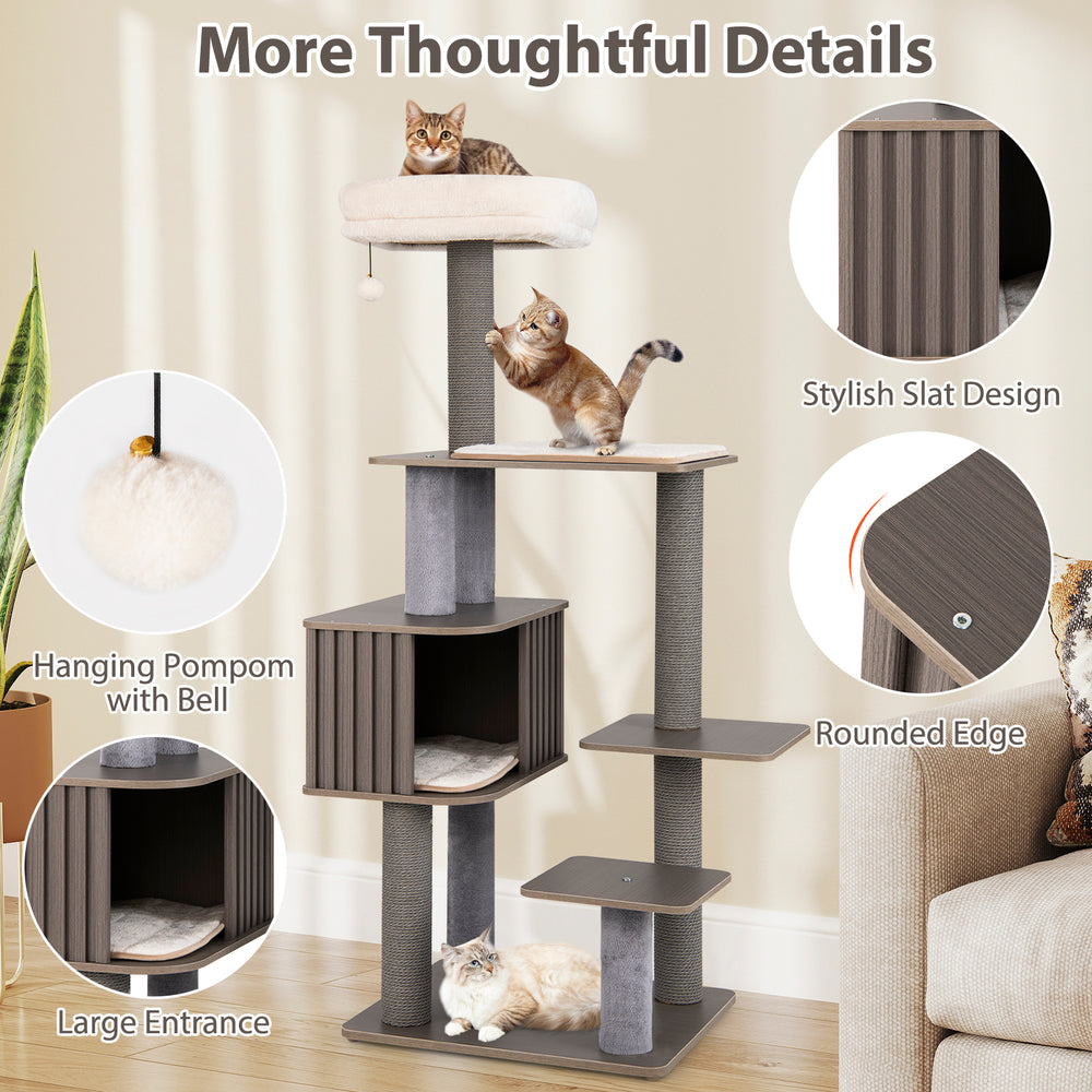 Multi-level gray cat tree with cozy top perch, spacious condo, and interactive pompom for indoor cats.