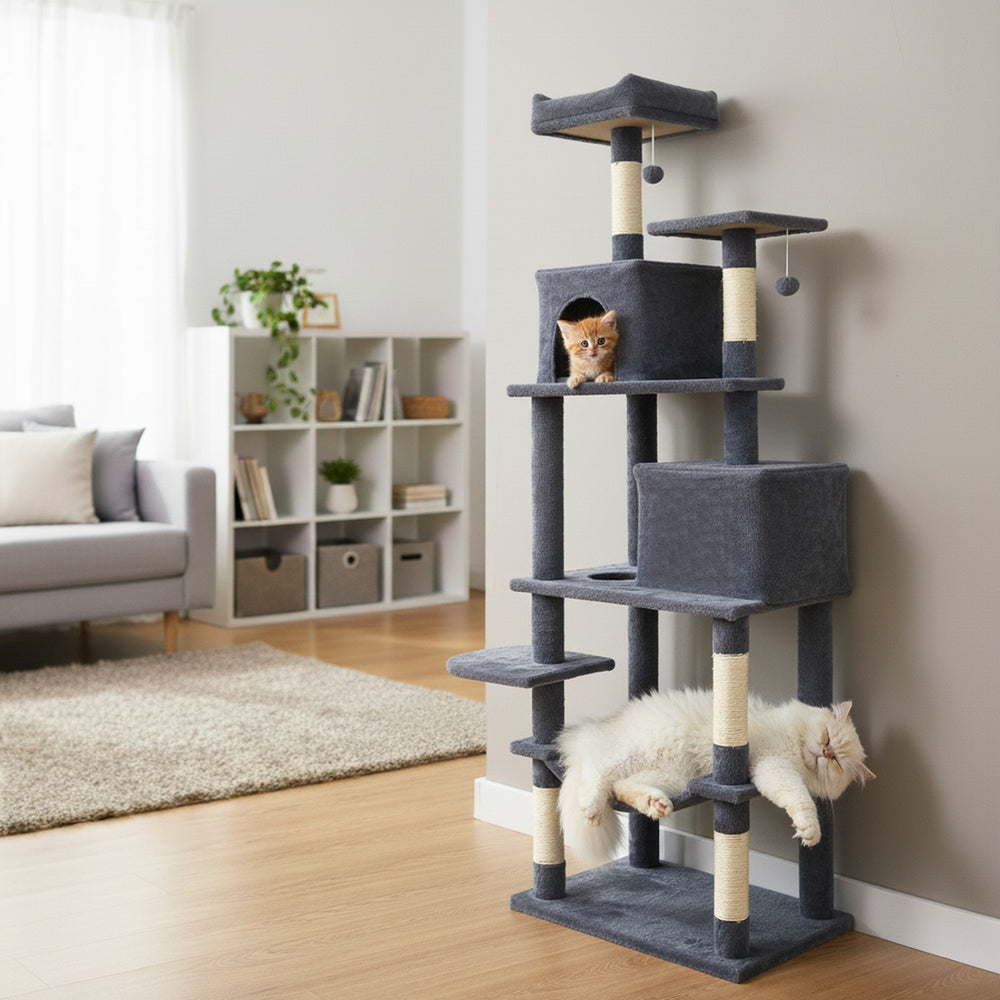 Multi-level dark gray cat tree featuring two condos, a cozy perch, and scratching posts for climbing and lounging.