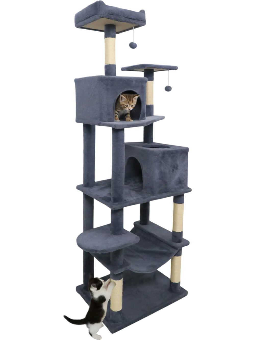 Multi-level dark gray cat tree featuring two condos, a top perch, and scratching posts for climbing and lounging.