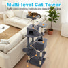 Multi-level cat tower in dark gray with two condos, upholstered perch, and scratching posts for active play and.