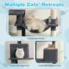Multi-level cat tree with dark gray upholstery, featuring a comfy hammock and spacious condos for resting and exploring.