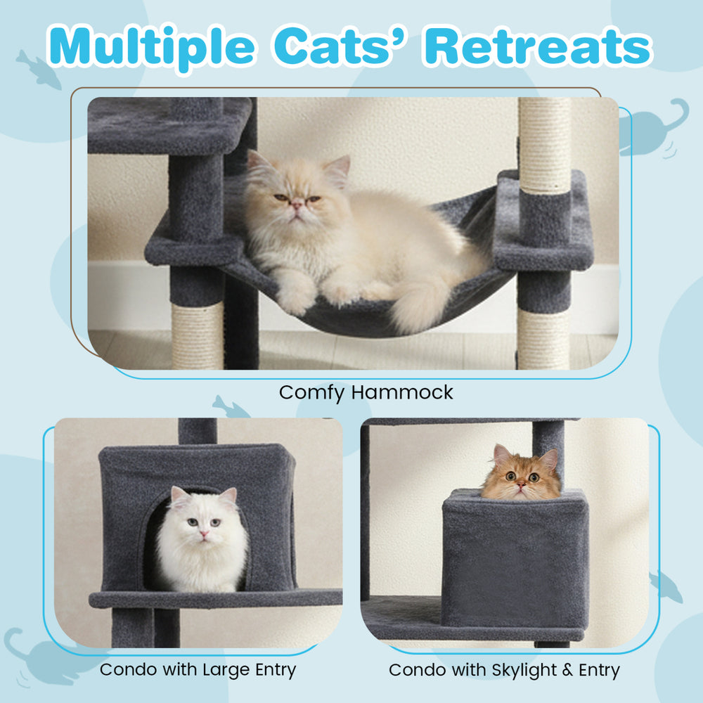 Multi-level cat tree with dark gray upholstery, featuring a comfy hammock and spacious condos for resting and exploring.