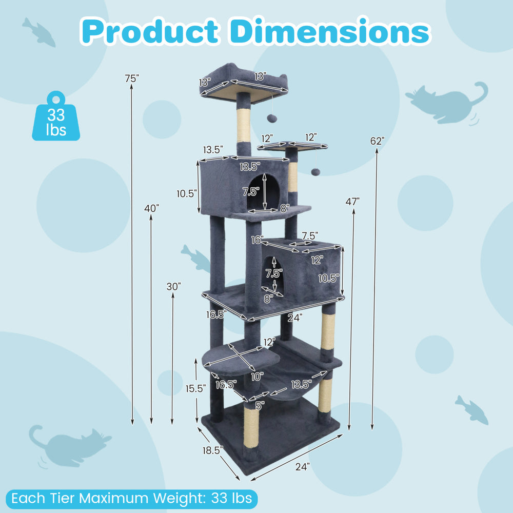 Multi-level cat tree dimensions showing dark gray design with condos, perch, and scratching posts for climbing and.
