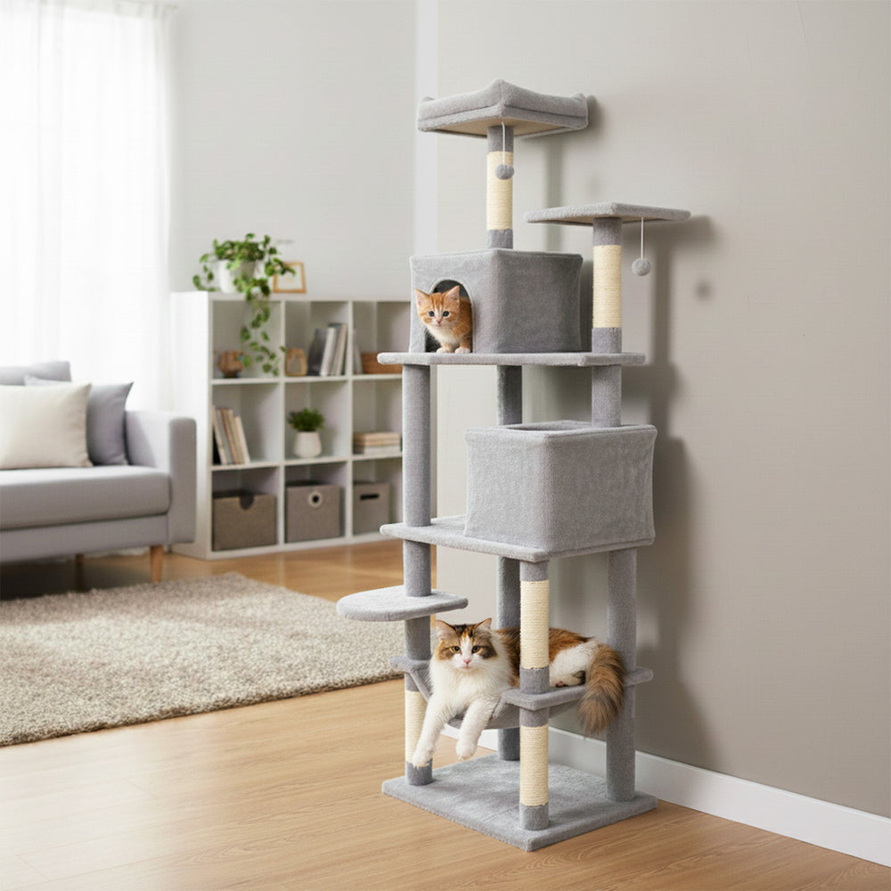 Multi-level Cat Tree Modern Cat Tower with Upholstered Perch and 2 Cat Condo-Gray - Gallery View 1 of 11