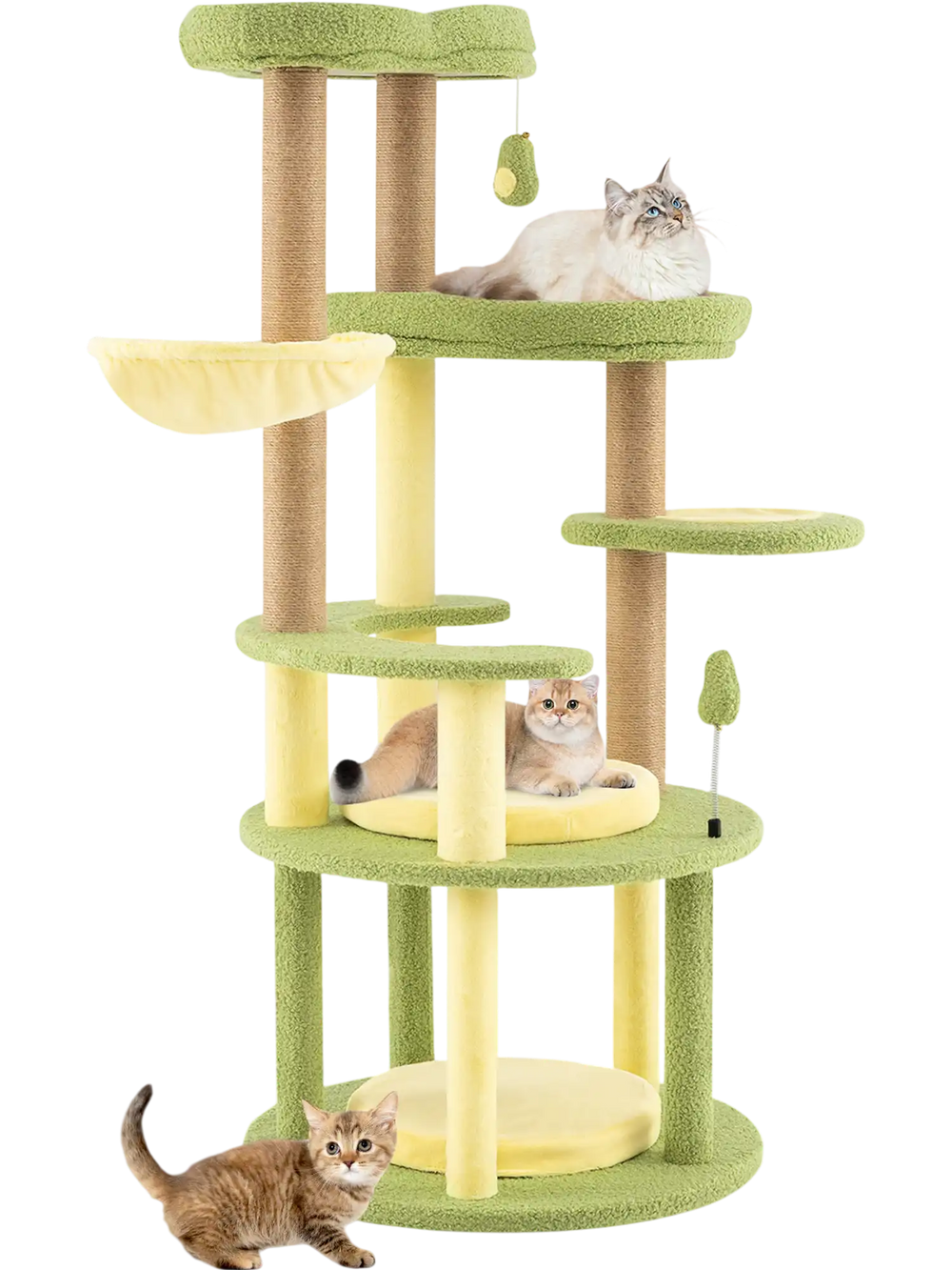 Multi-level avocado-themed cat tree with wide perches, soft cushions, and jute scratching posts for active play.