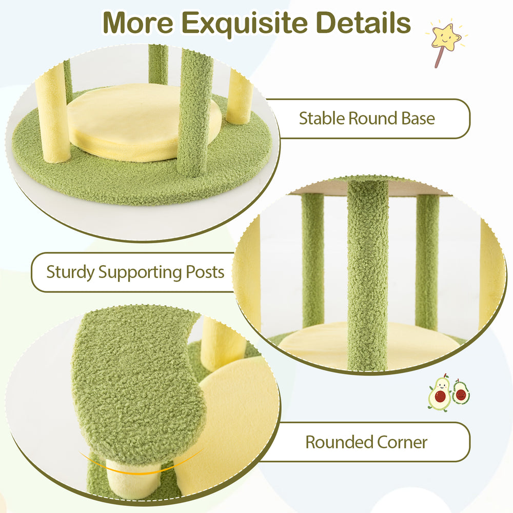 Detail view of the Multi-level Cat Tree featuring a stable round base, sturdy posts, and rounded corners for safety.