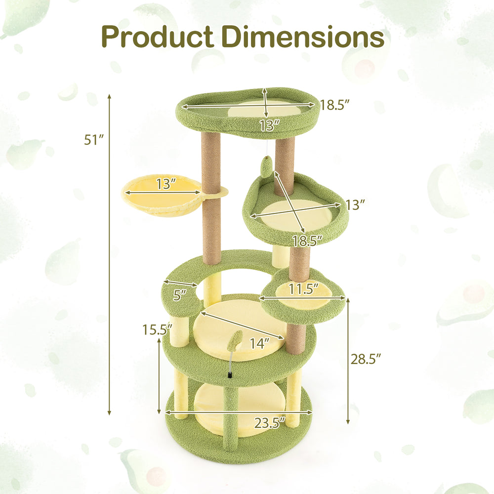 Product dimensions of the Multi-level Cat Tree with avocado theme, featuring wide perches and robust design for cats.