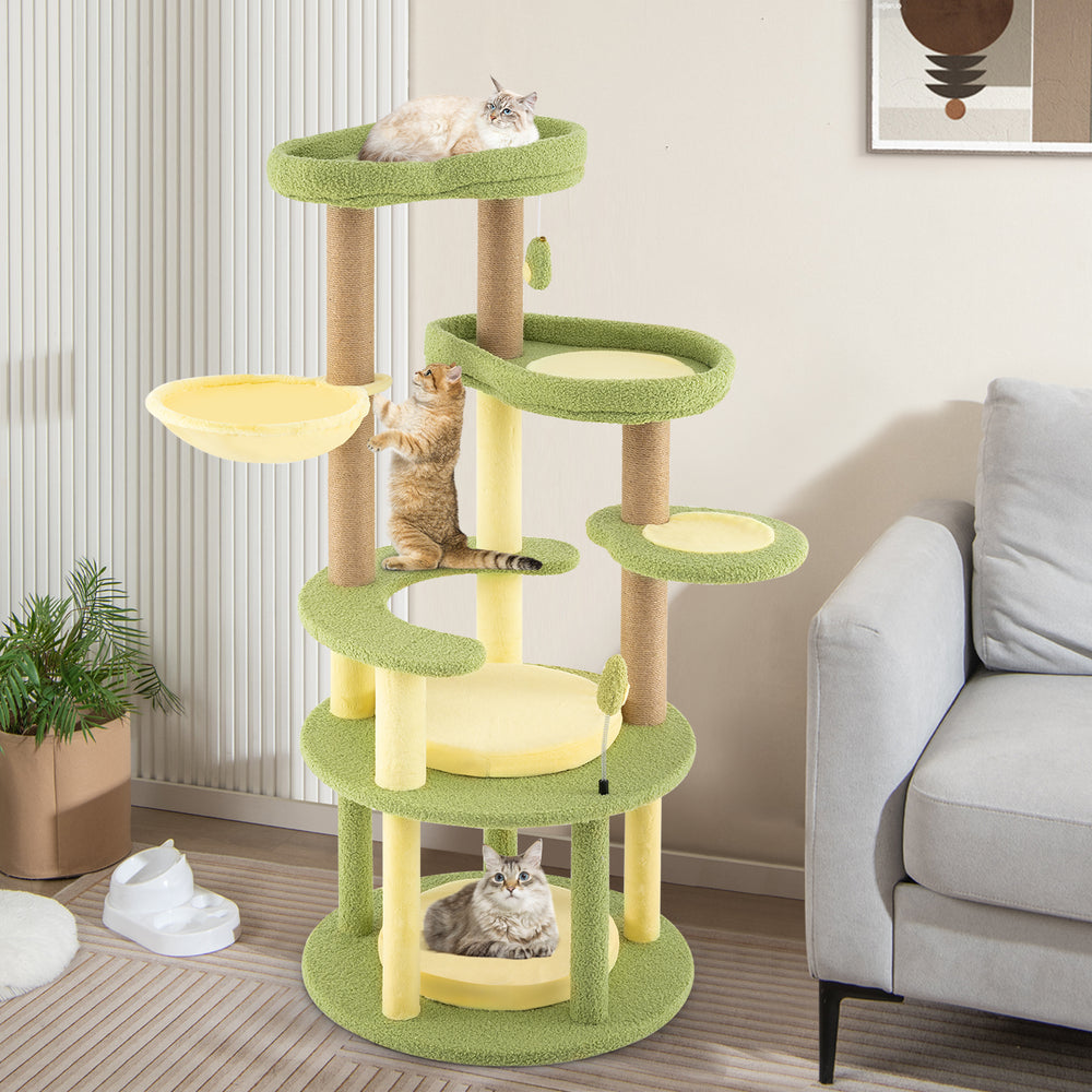 Multi-level avocado-themed cat tree showcasing a rotatable basket, providing a unique perch for lounging and play.