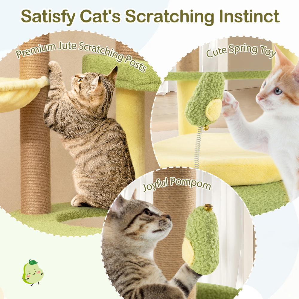Multi-level avocado-themed cat tree featuring jute scratching posts, spring toys, and wide platforms for lounging.