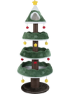 Multi-level Christmas cat tree features a green tree shape, three platforms, and cozy padded cushions for ultimate comfort.