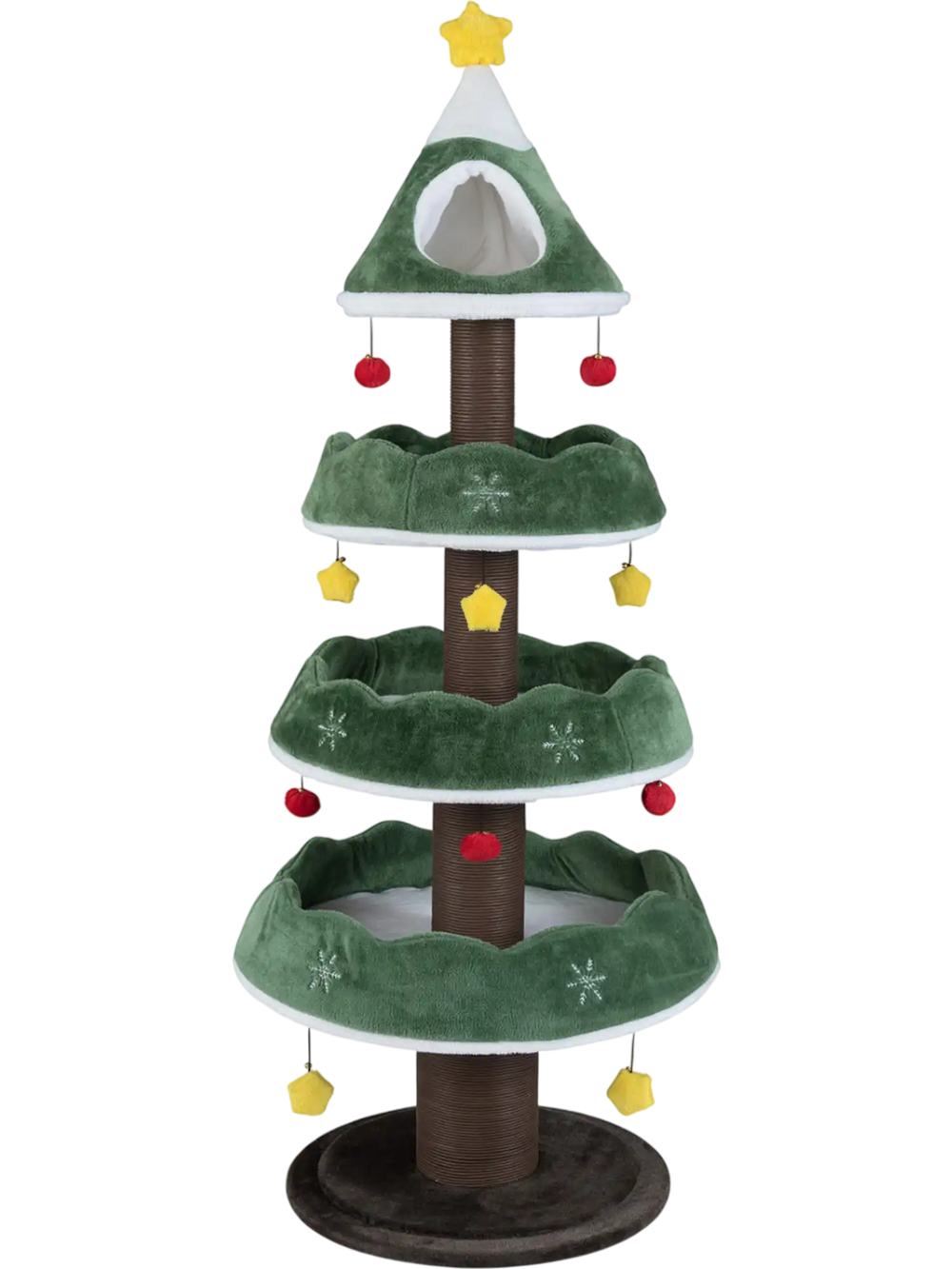 Multi-level Christmas cat tree features a green tree shape, three platforms, and cozy padded cushions for ultimate comfort.