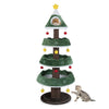 Multi-level Christmas cat tree with green platforms, plush cushions, and festive decorations for interactive feline fun.