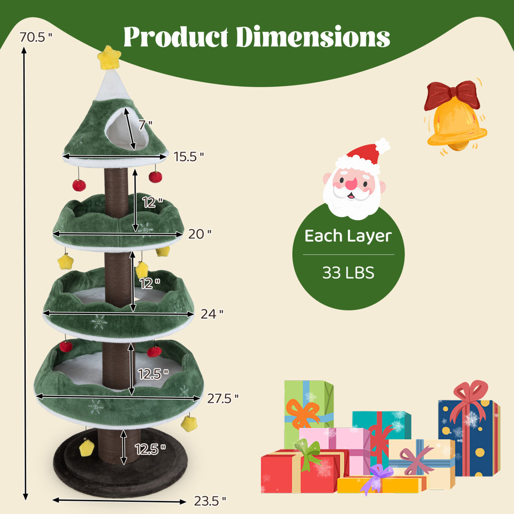 Multi-level Christmas cat tree features a green tree design, 3 platforms, and plush cushions for cozy lounging.