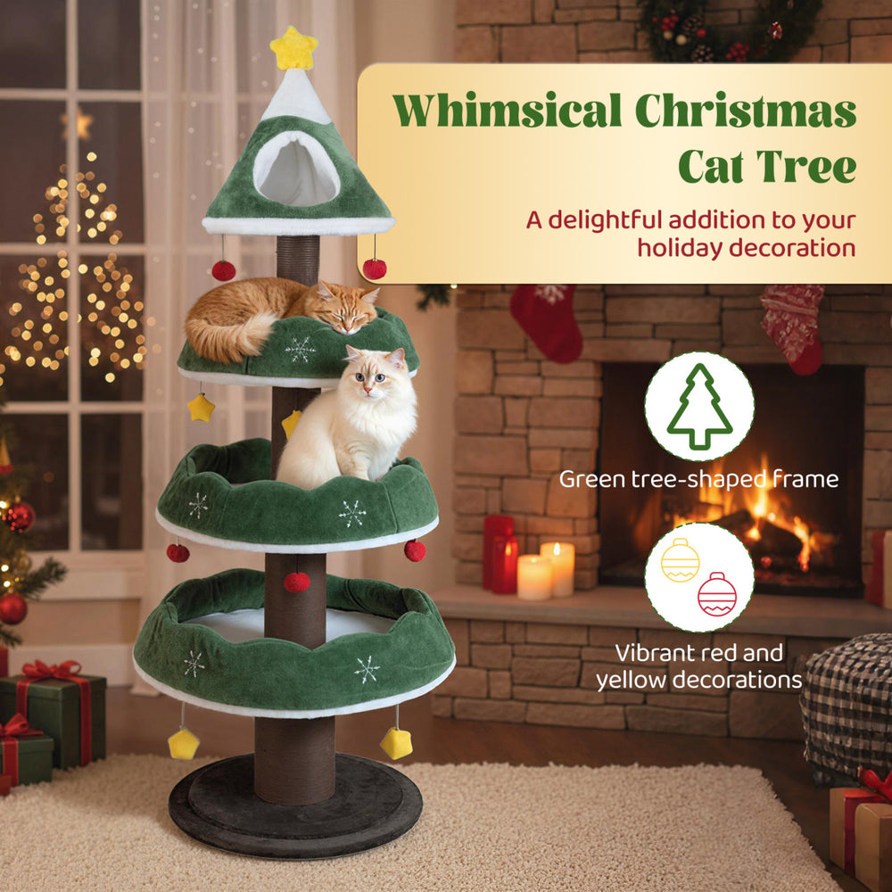 Multi-level Christmas cat tree with green tree-shaped frame, three platforms, and plush cushions for cozy lounging.