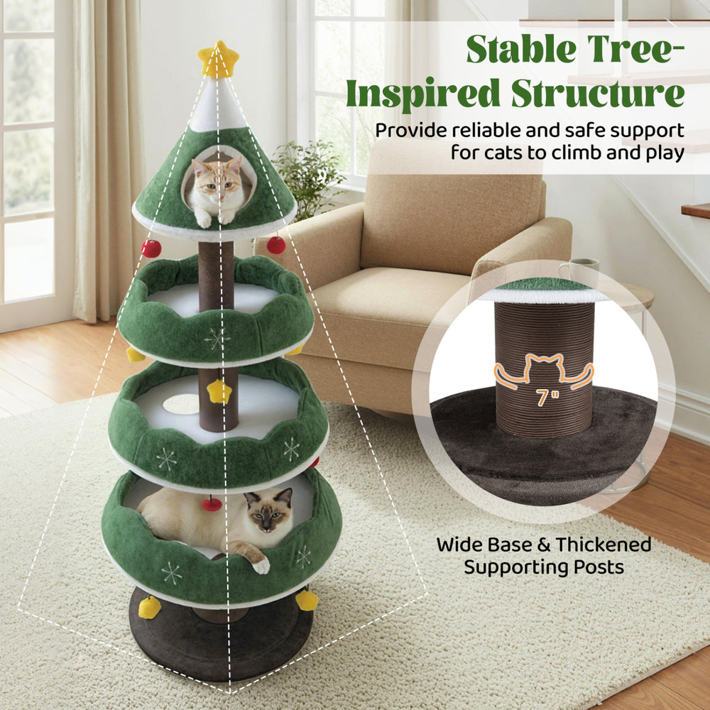Multi-level Christmas cat tree with green tree design, three platforms, and plush cushions for cozy lounging and play.
