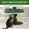 Multi-level Christmas cat tree with green tree-shaped frame, plush cushions, and fully-wrapped scratching posts for playful cats.