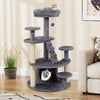 Multi-level kitty tower in gray with condo, climbing ladder, and perches for cats to explore and relax comfortably.