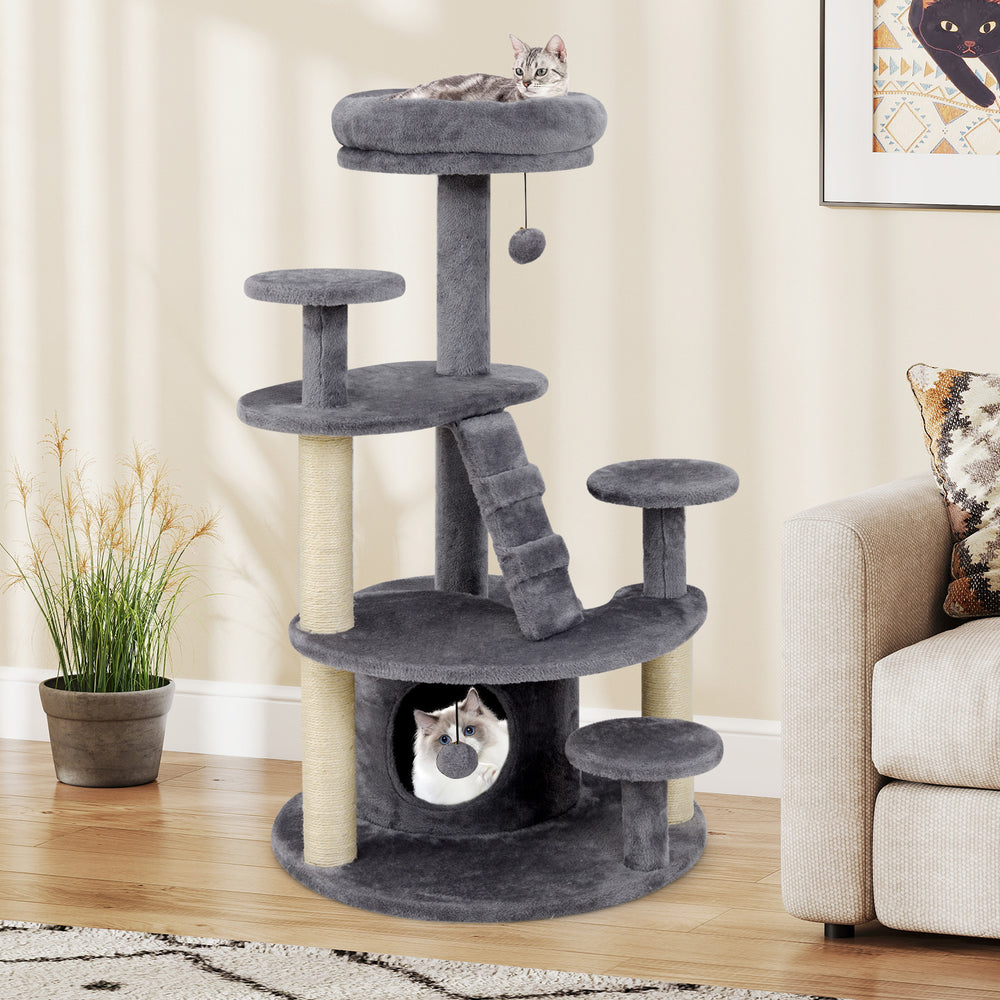 Multi-level kitty tower in gray with condo, climbing ladder, and perches for cats to explore and relax comfortably.
