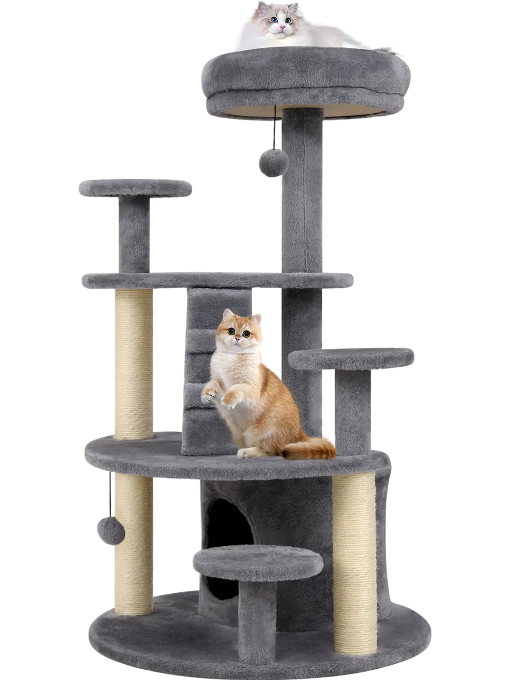 Multi-level kitty tower in gray with condo, climbing ladder, and plush perches for cats to explore and relax.