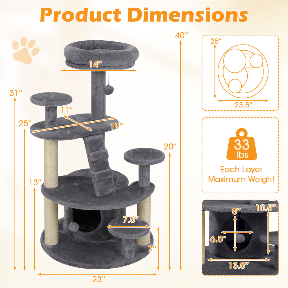 Multi-level kitty tower dimensions with condo, climbing ladder, and perches for small and old cats' comfort and play.