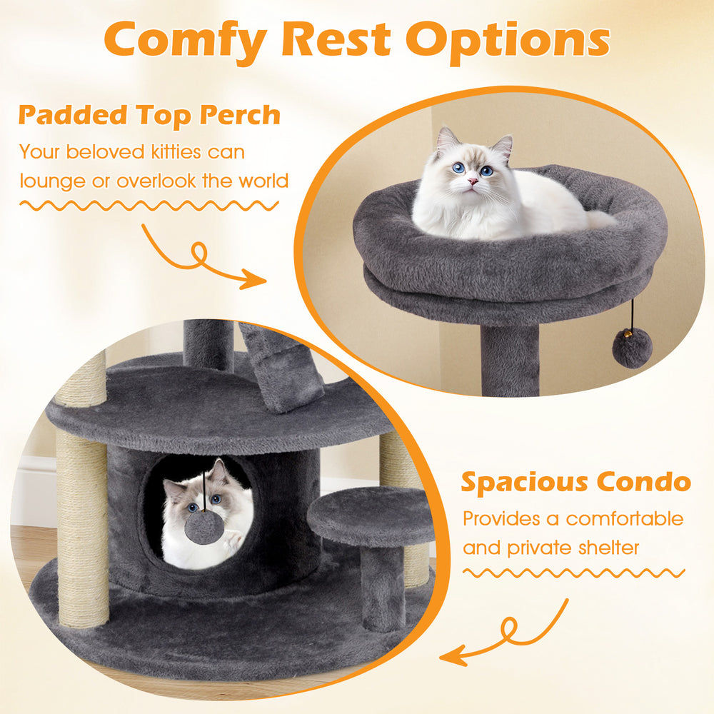 Multi-level kitty tower featuring a padded top perch and spacious condo, perfect for lounging and private shelter for.
