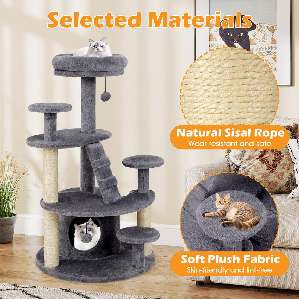 Multi-level kitty tower in gray with plush fabric, climbing ladder, and cozy condo for small and old cats.